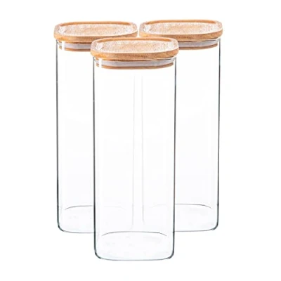 Image of Argon Tableware Square Glass Storage Jars with Airtight Wooden Lids 1900ml 6 Pack Modern Kitchen Container Preserving for Pickling, Chutney, Jam, Coffee, Olives, Sugar, Spices