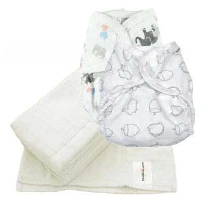 Image of MuslinZ Reusable Cloth Nappy Bundle, Size 1 (Newborn to 6 Months), 2 x PUL Wrap/Covers with Double Gusset + 100% Cotton Muslin Prefolds (Woodland/Elephants)