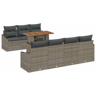 Image of vidaXL 8 Piece Garden Dining Set with Cushions Grey Poly Rattan Acacia