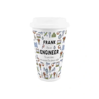 Image of Purely Home Custom Engineer Ceramic Travel Mug Personalised Tradies Gifts/New Job Presents Reusable Silicone Lid Double Walled Insulated Hot/Cold Drinks Cup