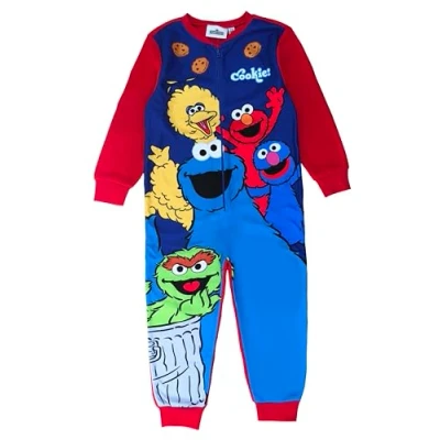 Image of Sesame Street Boys or Girls Onesie, Sleepsuit, All in One Pyjamas, Red/Blue, Age 5 6 Years