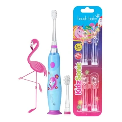 Image of KidzSonic Flamingo Electric Toothbrush with 4 Pack Replacement Brush Heads Vibrant Oral Care for Kids, Making Brushing Fun &amp; Effective