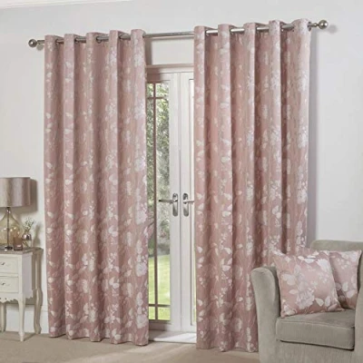 Image of Emma Barclay Butterfly Meadow Lined Eyelet Jacquard Curtains in Blush Pink Width 90 x Drop 90&quot; (228 228cm)