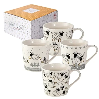 Image of SPOTTED DOG GIFT COMPANY Animal Mugs, Sheep Coffee Mug Set of 4, Black &amp; White Ceramic Porcelain China Tea Cups, Gifts for Lovers Women Men, 380ml / 13oz