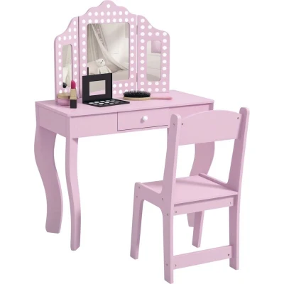 Image of AIYAPLAY Kids Dressing Table with Tri Fold Mirror and Stool, Vanity Table, Girls Make up Desk Drawer, for Aged 3 8 Years Old Pink