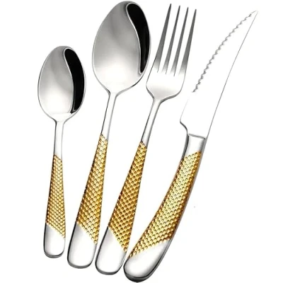 Image of ABE Signature Cutlery Set, Stainless Steel, for 1 Person, Silver, Gold, 2 in Steak Knives, Dishwasher Safe (Silver/Gold, 4)