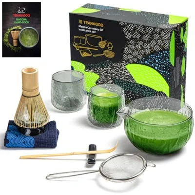 Image of TEANAGOO Matcha Set Whisk Bowl with Pouring Spout Scoop Holder Tea Making Kit. Japanese (7pcs) + 2Cups(5.6oz),S22,Dark Grey Glass,Color Box Packing…