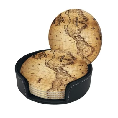 Image of World Map Print Round Leather Coasters Set Of 6, Ultra Fiber Pu