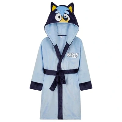 Image of Bluey Girls Fleece Dressing Gown with Hood and Tie Waist, Cosy Robe Gifts for (Blue, 4 5 Years)