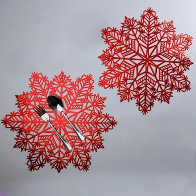 Image of Red Snowflake Placemats Sets of 6 Laminated Metallic Vinyl Round 15 inch Diameter Winter Festival Table Decor for Holiday Party Feast Christmas Come w/Matching Coaster by Snowkingdom