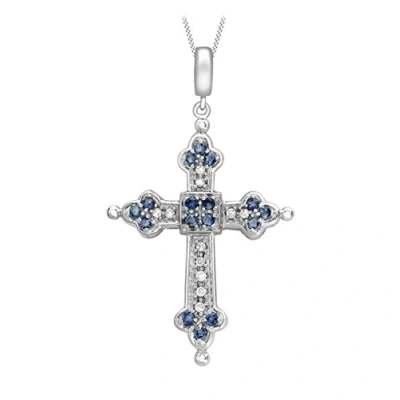 Image of Carissima Gold Women&#039;s 9ct White Diamond and Sapphire Cross Pendant on Curb Chain Necklace of 46cm/18&quot;
