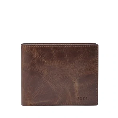 Image of Fossil Men&#039;s Derrick RFID Blocking Leather Bifold Wallet, Dark Brown Coin Pocket, One Size, Wallet