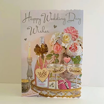 Image of Jonny Javelin Happy Wedding Day Wishes Card Bride Groom Champagne Flowers