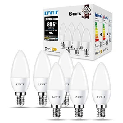 Image of LVWIT 6.5W Daylight E14 LED Candle Light Bulbs, Bulb Small Screw 60W Incandescent Equivalent,6500K Cool White SES Bulb,806LM,240 Degree Beam Angle,Not Dimmable（Pack of 6）