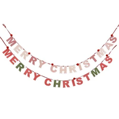 Image of Kaemingk Shabby Chic Fabric CHRISTMAS Banner/Garland Red Green Vintage Country Style Decoration MERRY Message 170cm
