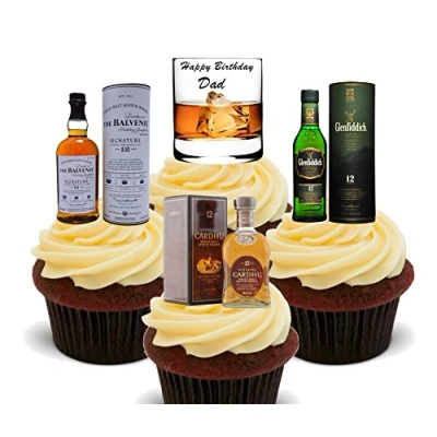 Image of Made4You Happy Birthday Dad, Whisky Lover Edible Cake Decorations Stand up Wafer Cupcake Toppers (Pack of 12)