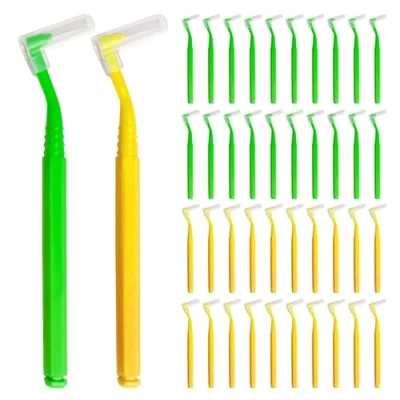 Image of SKHAOVS 40 Pieces Interdental Brushes,Floss Brushes for Between Teeth and Gums,Teeth Cleaner Braces,L Shaped Dental with Long Handle Cleaning Plaque Removal (Yellow Green)