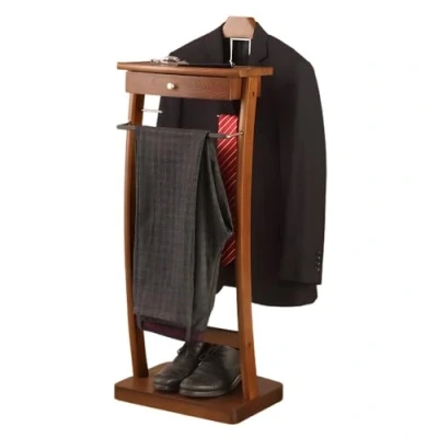Image of Qcesorib Suit Rack Stand with Clothes Hanger, Floor Standing Valet Trouser Solid Wood Drawer, Tray, Stable Base, for Office Living Room Bed