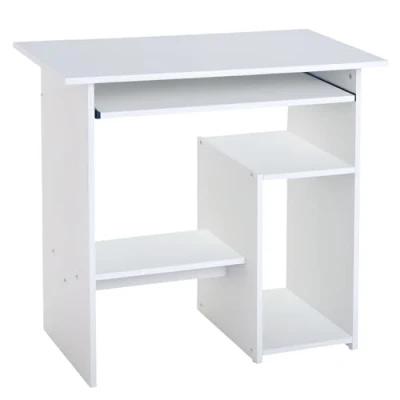 Image of HOMCOM Compact Small Computer Table Wooden Desk Keyboard Tray Storage Shelf Modern Corner Home Office White