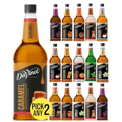 Image of DaVinci Gourmet 1L (1000ML) Syrup for Coffee &amp; Drinks. Pick Any 2 Bottles from 14+ Flavours Inc. Caramel, Vanilla, Hazelnut, Honeycomb, Spiced Chai, Gingerbread, Cinnamon, English Toffeenut and More.