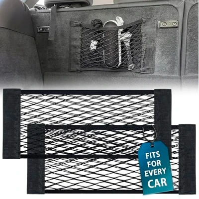 Image of MyGadget 2x Car Boot Net with Velcro [ 25 x 80 cm ] Universal Storage Cargo Pockets for Accessories such as Safety Vests and Fire Extinguishers