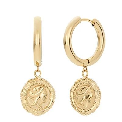 Image of NOELANI hoops stainless steel ladies earrings, 3.7 cm, gold, coin, Comes in jewelry gift box, 2030642