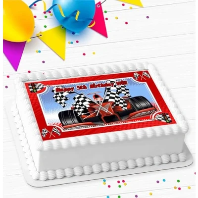 Image of RACING CAR RECTANGLE BIRTHDAY PERSONALISED ICING EDIBLE COSTCO CAKE TOPPER DECORATION R2 8834 A4