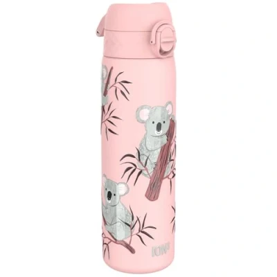 Image of Ion8 Steel Water Bottle, 600 ml/20 oz, Leak Proof, Easy to Open, Secure Lock, Dishwasher Safe, Flip Cover, Fits Cup Holders, Carry Handle, Durable, Metal Raised Print, Koalas Design