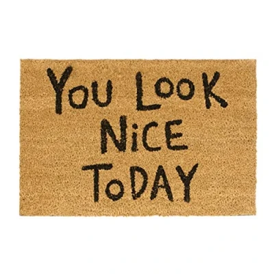 Image of Relaxdays Doormat &quot;You Look Nice Today&quot; Coir Door Mat 40 x 60 cm Welcome with PVC Anti Slip Underside Coconut Fibre Floor Mat, Natural