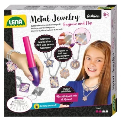 Image of Lena 42655 42655EC Jewelry Studio for Children from 9 Years, Set with Battery Operated Engraver, Glue, 800 Rhinestone Jewels and 6 Metal Pendants Chains, Single, Silver, STK