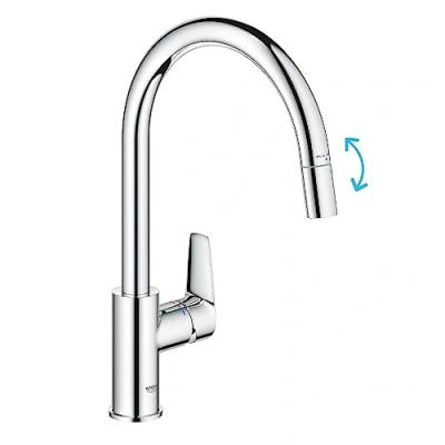 Image of GROHE Start Edge QuickFix 1 Lever Kitchen Sink Mixer Tap with Pull Out Function (High C spout, 360 Swivel Area, 28 mm Ceramic Cartridge, Tails 3/8 Inch, High Pressure), Size 357mm, Chrome, 30551000