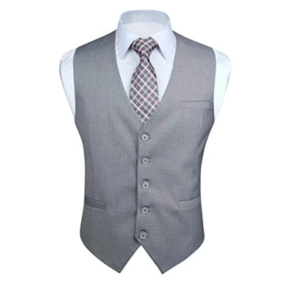 Image of Enlision Men&#039;s Formal Party Wedding Cotton Waistcoat Solid Color Vest, L(Chest 43.5inches), Light Grey
