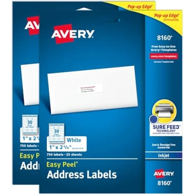 Image of Avery Easy Peel Printable Address Labels with Sure Feed, 1&quot; x 2 5/8&quot;, White, 750 per Pack, Packs, 1,500 Blank Mailing Total (08160)