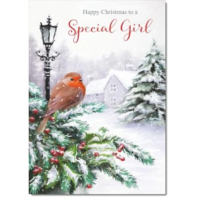 Image of doodlecards Special Girl Christmas Card Robin by Lamp Medium Size for with Plain Envelope