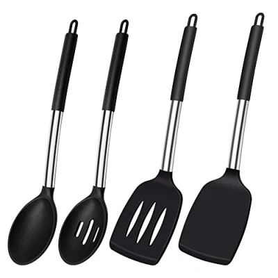 Image of Silicone Spatula Spoons for Cooking, Heat Resistant Slotted Solid Turner Kitchen Set Non Stick Cookware, BPA Free Large Black Utensils Baking, 4 Pack