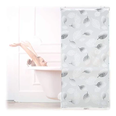 Image of Relaxdays Shower Roller Blind, Leaf Pattern, Flexible Mounting, Pull up Curtain for Bath &amp; Window, HxW: 80x240cm, Grey