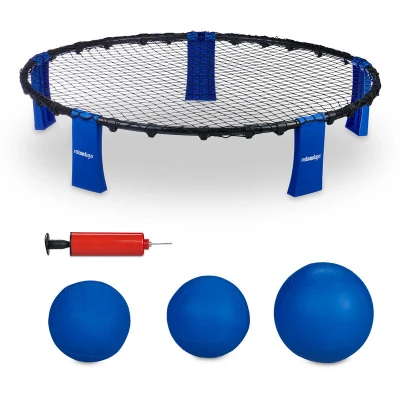 Image of Relaxdays Roundnet Set, Net, 3 Pump &amp; Carry Bag, Outdoor Ball Game, Beach, Garden, Park, Black/Blue, 90% plastic 10% nylon
