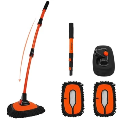 Image of YeewayVeh Car Wash Brush, 43&quot; Extendable Brush Mop with Long Handle, 15 Degree Curved Soft Cleaning kit Extra Microfiber Head for Truck SUV Cleaning, Orange