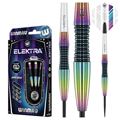 Image of WINMAU Elektra 90% Tungsten Steel Tip Darts with Prism Flights and Vecta Shafts (Stems) 26 gram Urban Grip Match Weighed Streamline Torpedo Profile