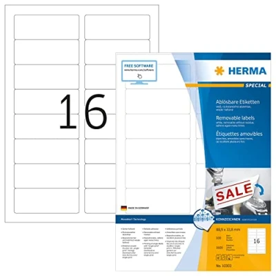 Image of HERMA Self Adhesive Removable Labels, 16 Labels per A4 Sheet, 100 Sheets, 88.9 x 33.8 mm, 1600 Blank Multipurpose Stickers, Sticky for Laser &amp; Inkjet Printer, White