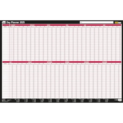 Image of Sasco 2025 Daily Planner, Yearly Wall Planner Set, Large Whiteboard Style Dry Erase Calendar, Board Mounted Pen &amp; Stickers, Black/Red, 915x610mm, 2410248