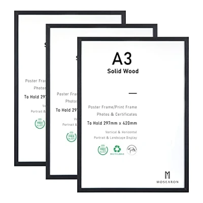 Image of A3 Picture Frame, Set of 3, Black Wooden Frame with Plexi Glass for Wall Mounting Display,29.7x42 cm,Set 3