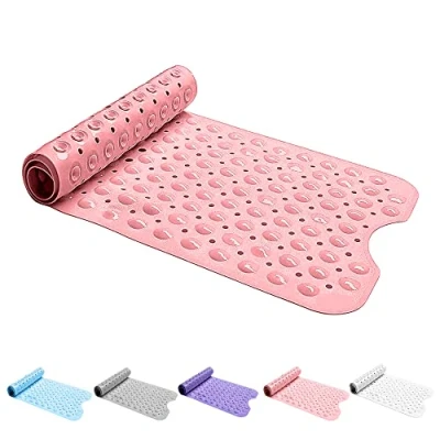 Image of Bath Mat Non Slip Anti Mould 100x40cm Extra Large Shower Mats with Suction Cups and Drain Holes, Rubber Bathtub for Bathroom, Machine Washable (Solid Pink)