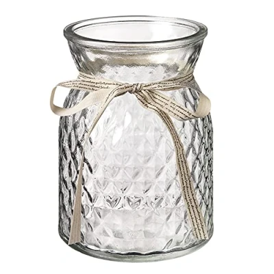 Image of Smithers Oasis Emily Vase Clear, Diamond Pattern Glass Flower with Cute Ribbon, (12 x 12 16 cm)