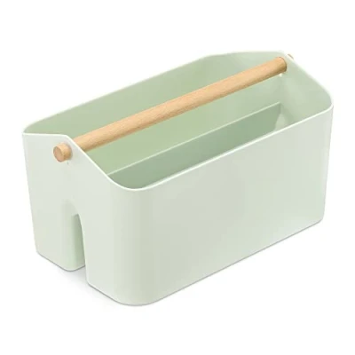 Image of Navaris Plastic Organiser Box Utensil Holder w/Wood Handle and 2 Compartments Storage Container for Bathroom Bedroom Kitchen Mint Green, Medium