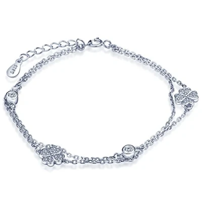 Image of Infinite U Lucky Four Leaf Clover Womens Link Charm Bracelet 925 Sterling Silver Cubic Zirconia Strand Bracelets Adjustable Chain,