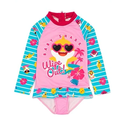 Image of Baby Shark Swimsuit for Girls Toddlers Pink Blue Mommy Daddy Grandma Grandpa Family Song Swimming Costume Long Sleeve with Frill Skirt