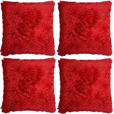 Image of Adore 4 x Super Soft Faux Fur Cushion Cover Covers Cuddly Shaggy 43x43cm, Red