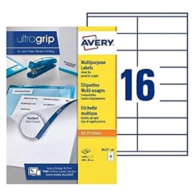 Image of Avery 3423 100 White Multi Use Labels for Laser Inkjet Printer and Photocopier 105x35 mm Box of 1,600