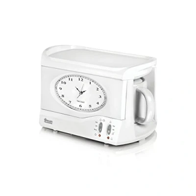 Image of Swan Vintage Teasmade Rapid Boil with Clock and Alarm, Featuring a Light Dimmer, 600 ml, 780 850 W, Ceramic Teapot Included, White, STM201N